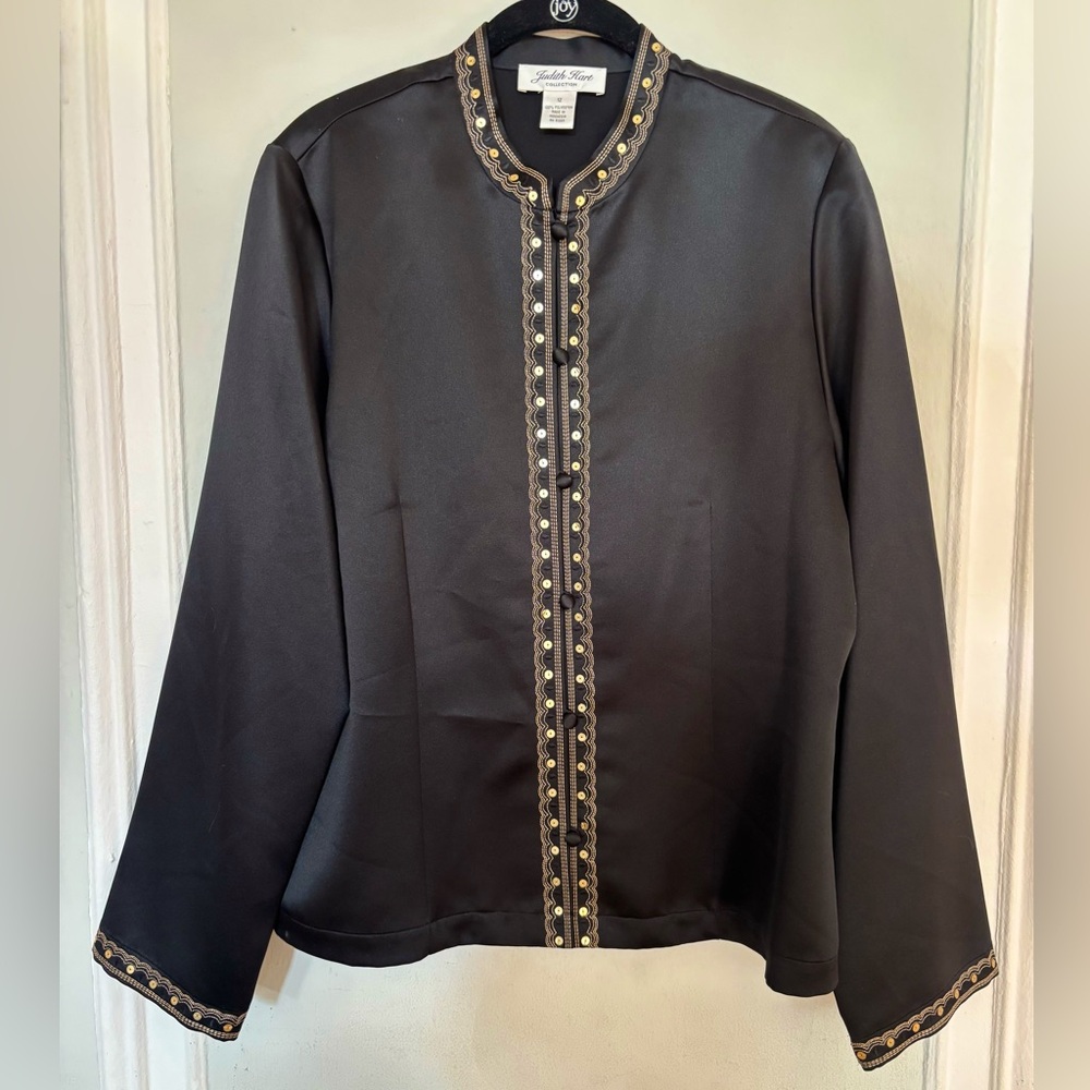 Size 12 Judith Hart silky black button up shirt with sequin embellishments